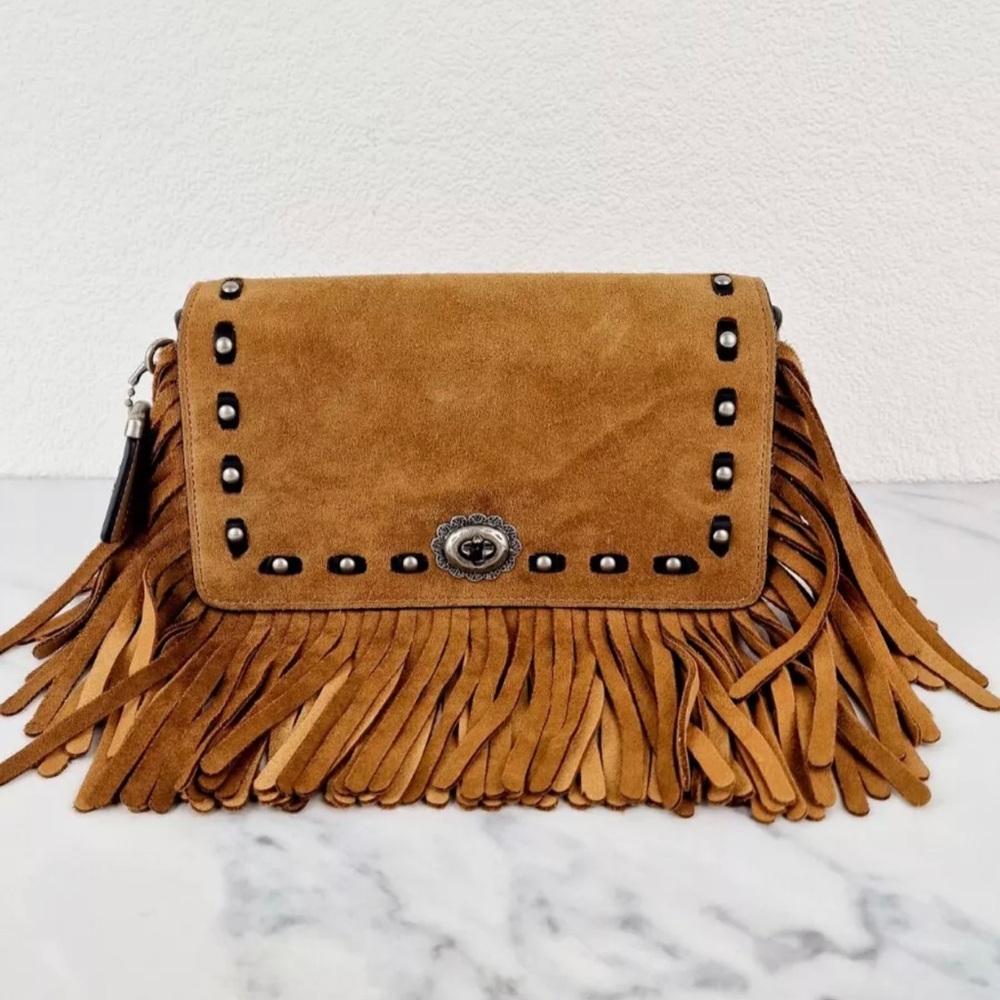 Coach 1941 Dinky Tan Brown Cervo Suede Fringe Crossbody Bag